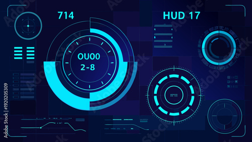 Futuristic heads up display with glowing blue interface elements and digital readouts