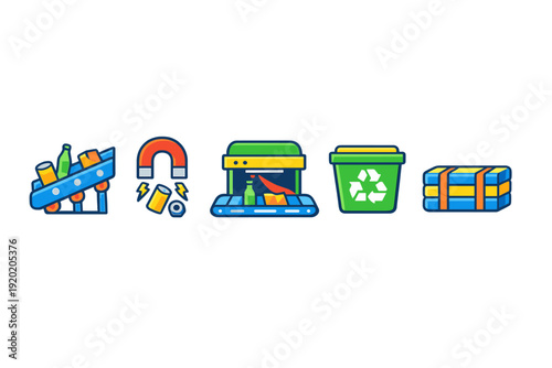 Five flat icons depicting stages of waste management and recycling, featuring a conveyor belt, magnetic metal sorting, automated scanning, a green recycle bin, and bundled material.
