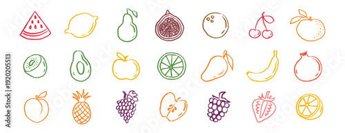 Fruit icons chalk hand drawn doodle set. Drawing crayon fruit