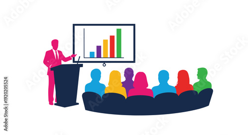 A presenter gives a business presentation to an audience in a conference