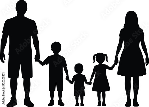 Family silhouette vector illustration, parents with children, unity concept, holding hands, black graphic artwork, parenting design, social studies icon