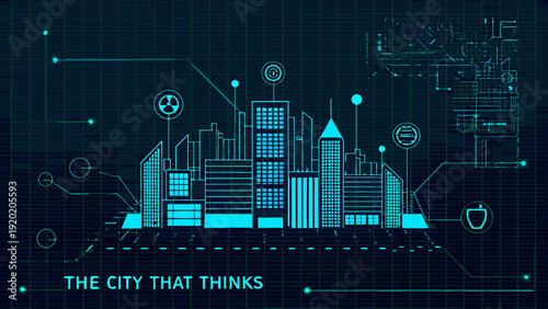 Futuristic cityscape with glowing lines and interconnected digital network