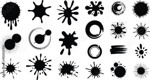 Ink splatter silhouette vector illustration, paint blot designs, artistic texture elements, black graphic artwork, creative abstract design icon