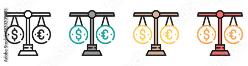 Colorful balance scales with currency symbols on each side
