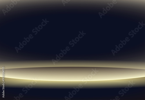 ダークネイビー空間に浮かぶゴールドの楕円形ライトステージ背景｜高級感あふれる商品展示・受賞発表向けラグジュアリーバナー素材