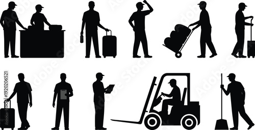 Set of black silhouettes featuring male workers in various professions including warehouse staff, forklift driver, and cleaner, vector illustration.