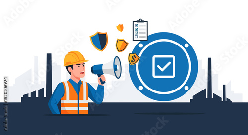 Construction Worker Inspecting Security System with Shield and Checkmark