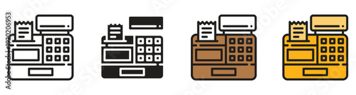 Various colored cash registers on white background for commerce