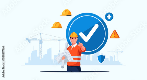 Construction Safety Supervisor with Checkmark Sign in Urban Setting
