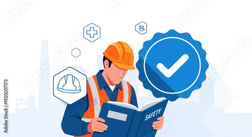 Construction Worker Holding Safety Plan with Checkmark Badge