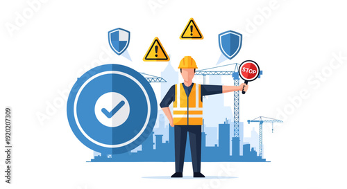 Construction Safety Supervisor and Barricades with Warning Signs