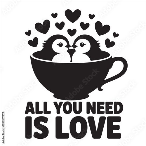 Adorable penguins sharing a sweet kiss in a coffee cup surrounded by hearts