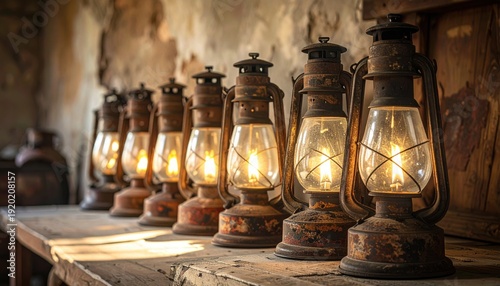 FlyPro Firefly presents a realistic photo of an array of aged oil lamps, their tarnished metal bases hinting at long disuse and readiness, now casting a soft glow.
