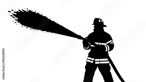 Silhouette of Firefighter Spraying Water with Hose in Action.