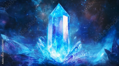 Luminous blue crystal tower in cosmic nebula with sparkling highlights