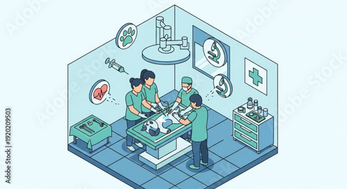 Veterinarians performing surgery on animal in clinic