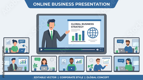 Online Business Presentation with Diverse Participants Engaging in Virtual Meetings and Learning.