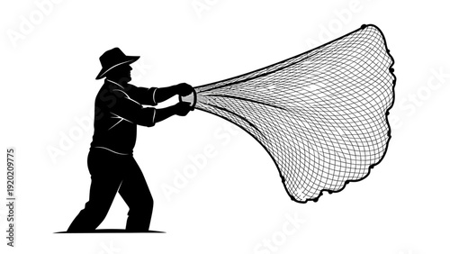 Silhouette of fisherman casting net, fishing equipment, vector illustration.