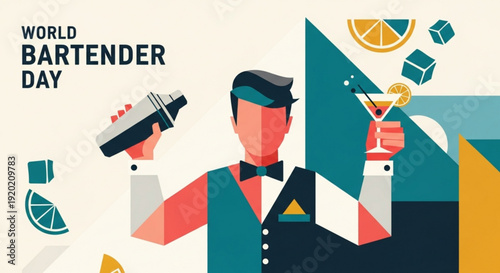 Bartender holding cocktail shaker and glass on world bartender day with colorful geometric shapes