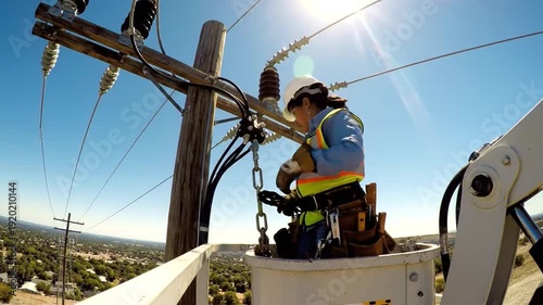 Electrician working on power lines from a bucket truck on a sunny day.
