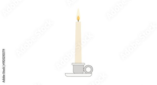 A lit white candle in a simple metal holder on a plain white background with soft warm tones.