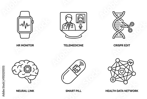 Future Health Tech Line Icon Set Vector Telemedicine Smartwatch DNA Brain Chip Capsule