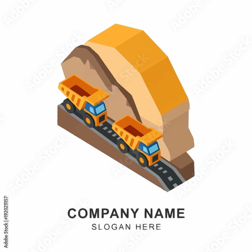 Isometric illustration of mining trucks in an open pit mine.