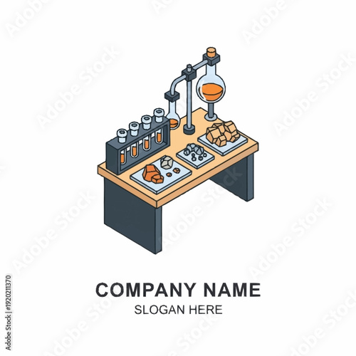 Isometric Laboratory Equipment on a Desk with Various Scientific Instruments and Samples.