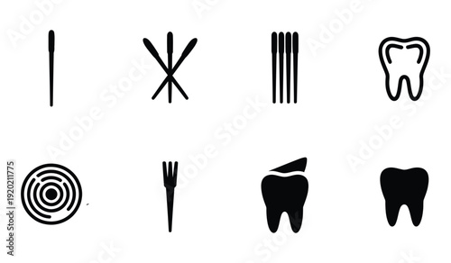 Dental care symbols representing various tools and procedures for oral hygiene
