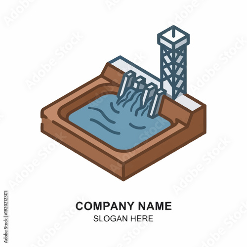 Isometric Illustration of Industrial Water Treatment Plant with Placeholder Text.