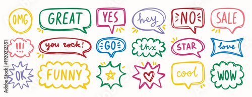 Bright hand drawn speech bubbles with short fun messages, decorative elements for design