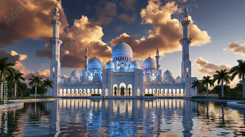 Majestic Sheikh Zayed Grand Mosque illuminated at sunset with reflection in serene water, palm trees