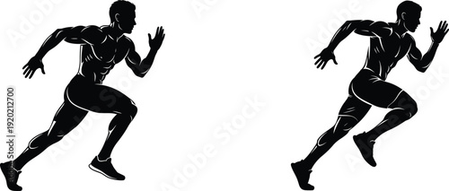 Two athlete silhouettes running side by side in motion on white background