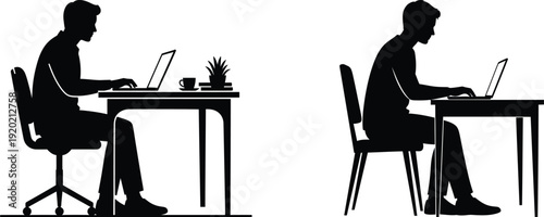 Silhouette of two men sitting at desks with laptops comparing good and bad posture on white background