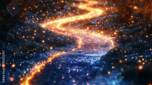 Enchanting luminous path through mystical forest at night