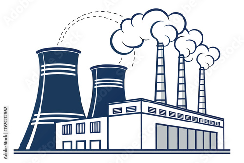 Industrial complex with four smokestacks releasing pollution into the atmosphere depicted in a graphic style