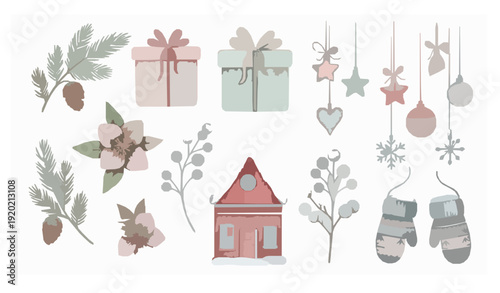 Cute nordic watercolor Christmas winter elements with gifts house and ornaments