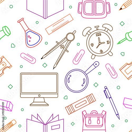 Colorful school stationery doodle pattern.  School supplies seamless pattern. School attributes seamless pattern. Student accessories repeat background. Back to school banner design. 