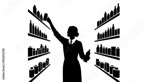 Silhouette of Woman Reaching for Product on Shelf in Store.