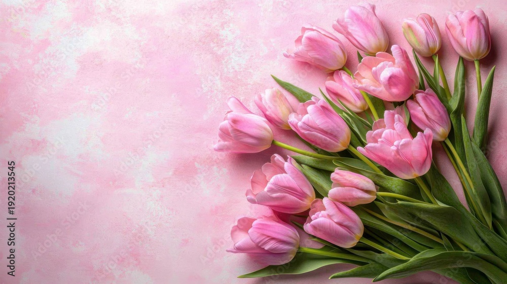 Obraz premium Elegant bouquet of pink tulips against a textured pastel pink backdrop
