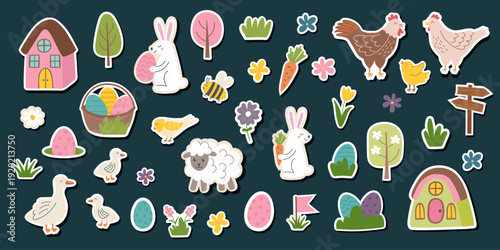 Set of Easter objects isolated on dark background5. Easter cliparts. Easter concept. Vector hand drawn elements.