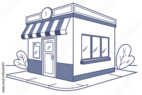 Simple illustration of a small blue and white storefront building with a striped awning high quality
