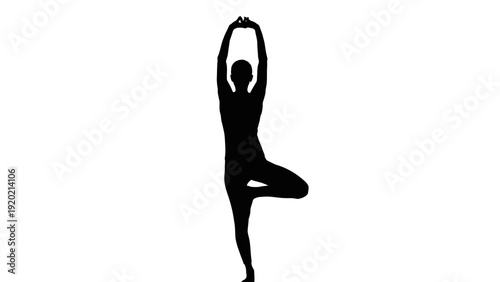 Silhouette of a person in a yoga tree pose.