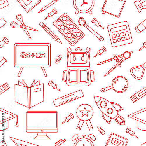School equipment stationery pattern. School supplies seamless pattern. School attributes seamless pattern. Student accessories repeat background. Back to school banner design. Education doodle pattern