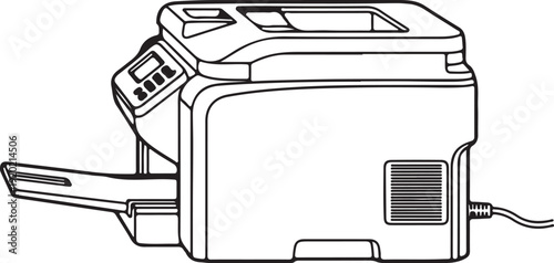 "Multifunction printer vector illustration showing control panel, paper tray, and scanner lid symbolizing office equipment, printing, copying, and document management"