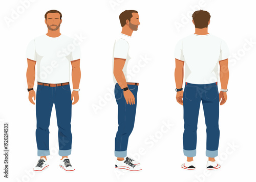 Man s fashion flat lay front side and back views of a casual outfit