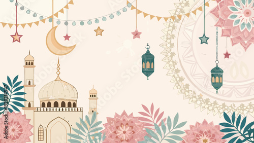 Happy Eid al Fitr Islamic Greeting Background with Mosque Lanterns and Crescent Moon