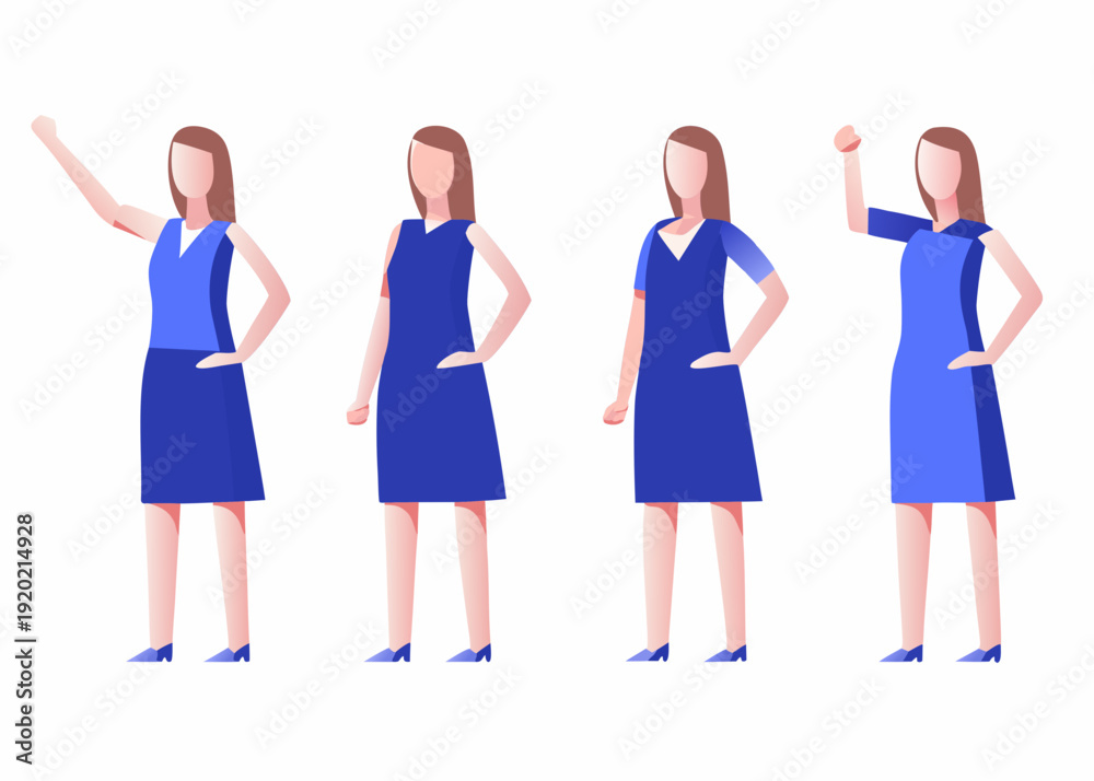 Fototapeta premium Four stylized women in blue dresses with arms raised or at sides