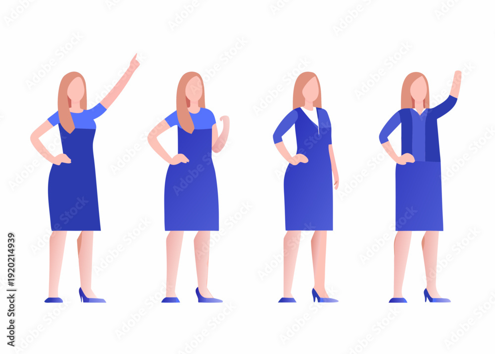 Fototapeta premium Four identical women in blue dresses shown in different poses