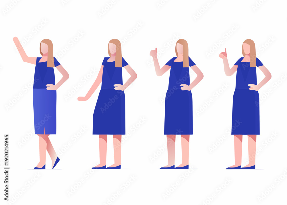 Fototapeta premium Four identical women in blue dresses displaying different hand gestures
